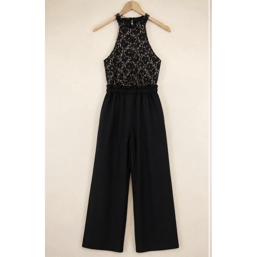 Ultra Flirt Black Lace Halter Jumpsuit XS NWTWide Leg Paperbag Boho Party Prom
